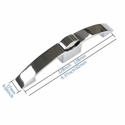 Chrome cabinet handle with dimensions on a white background