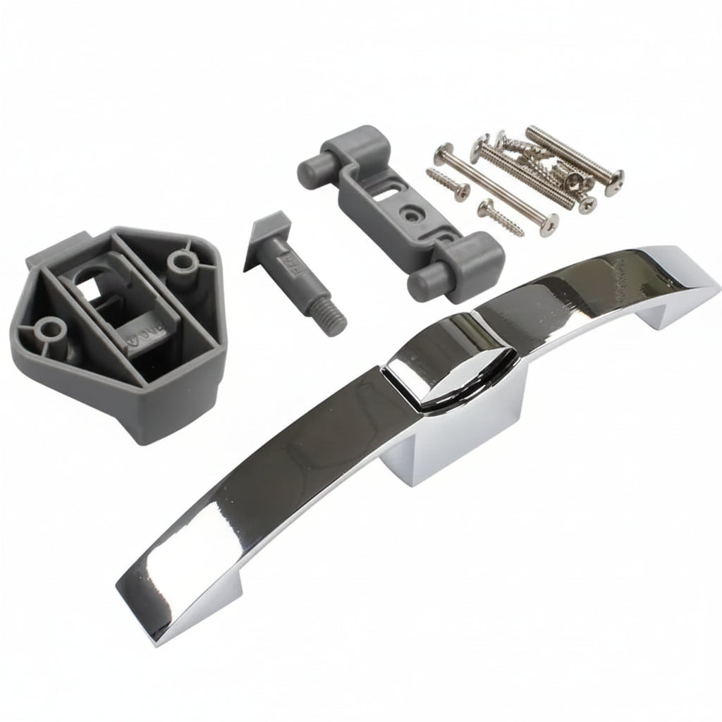 Set of door handle components including a chrome handle, gray plastic parts, and screws on a white background.
