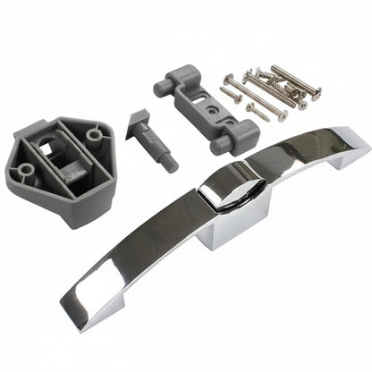 Set of door handle components including a chrome handle, gray plastic parts, and screws on a white background.
