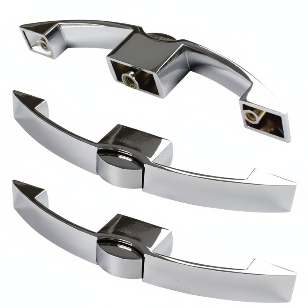 Three chrome door handles on a white background