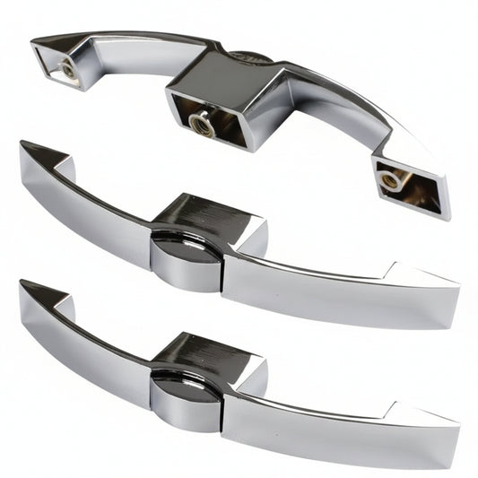 Three chrome door handles on a white background