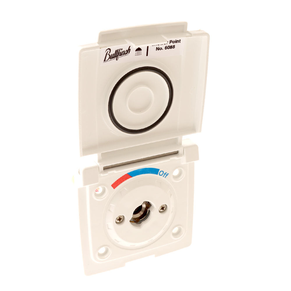 White wall-mounted thermostat with brand name on a white background
