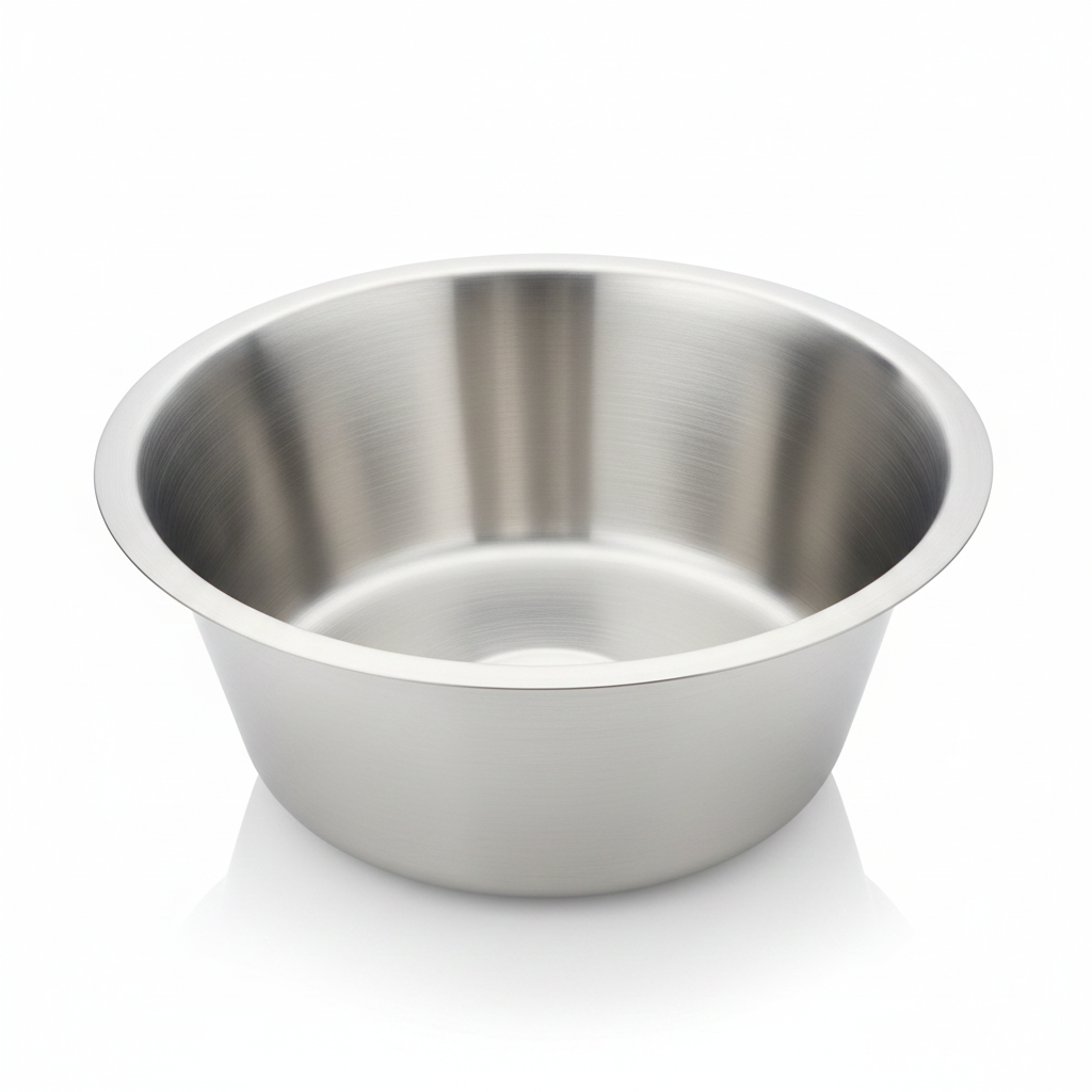 Stainless steel bowl on a black mat with a blurred background
