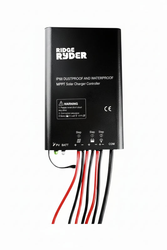 Ridge Ryder MPPT solar charger controller with wiring on a white background