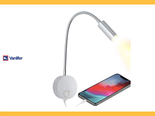 Vanlifer LED Dimmable Reading Light with USB charger - Silver 3w 12v