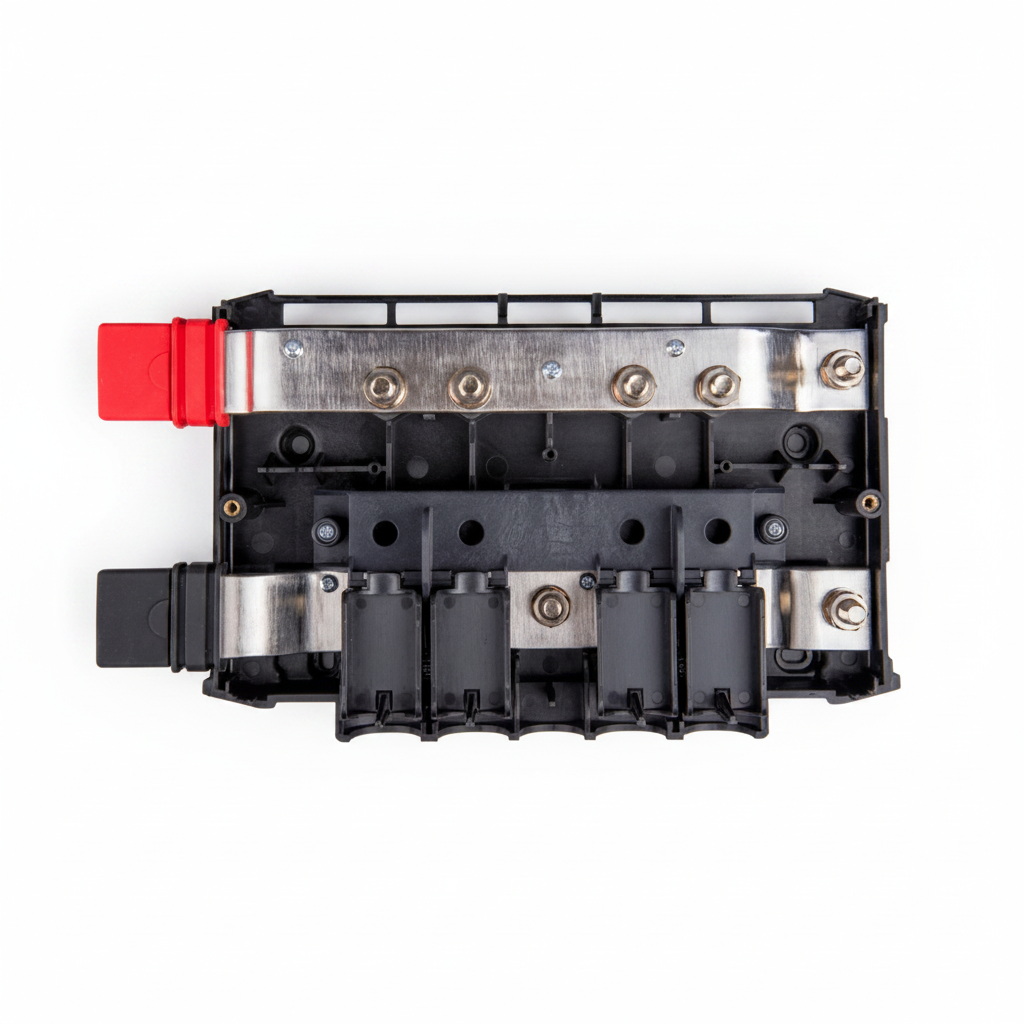 Victron Lynx Power In red and black terminal bus bars showing M8 bolt connection points