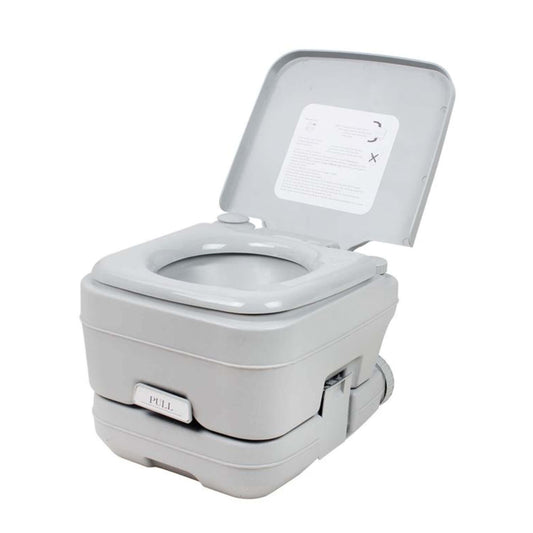 A portable toilet with a closed lid and a detachable holding tank, primarily in gray color.