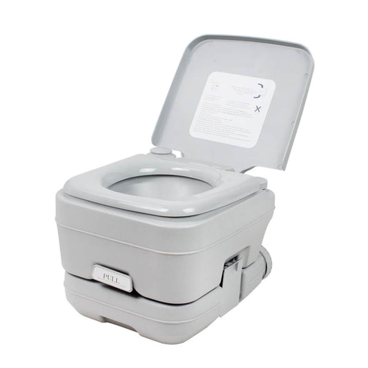 A portable toilet with a closed lid and a detachable holding tank, primarily in gray color.