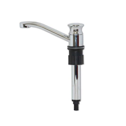 Manual chrome hand pump with a self-priming, dual-action design, featuring a long spout and a black grip handle.