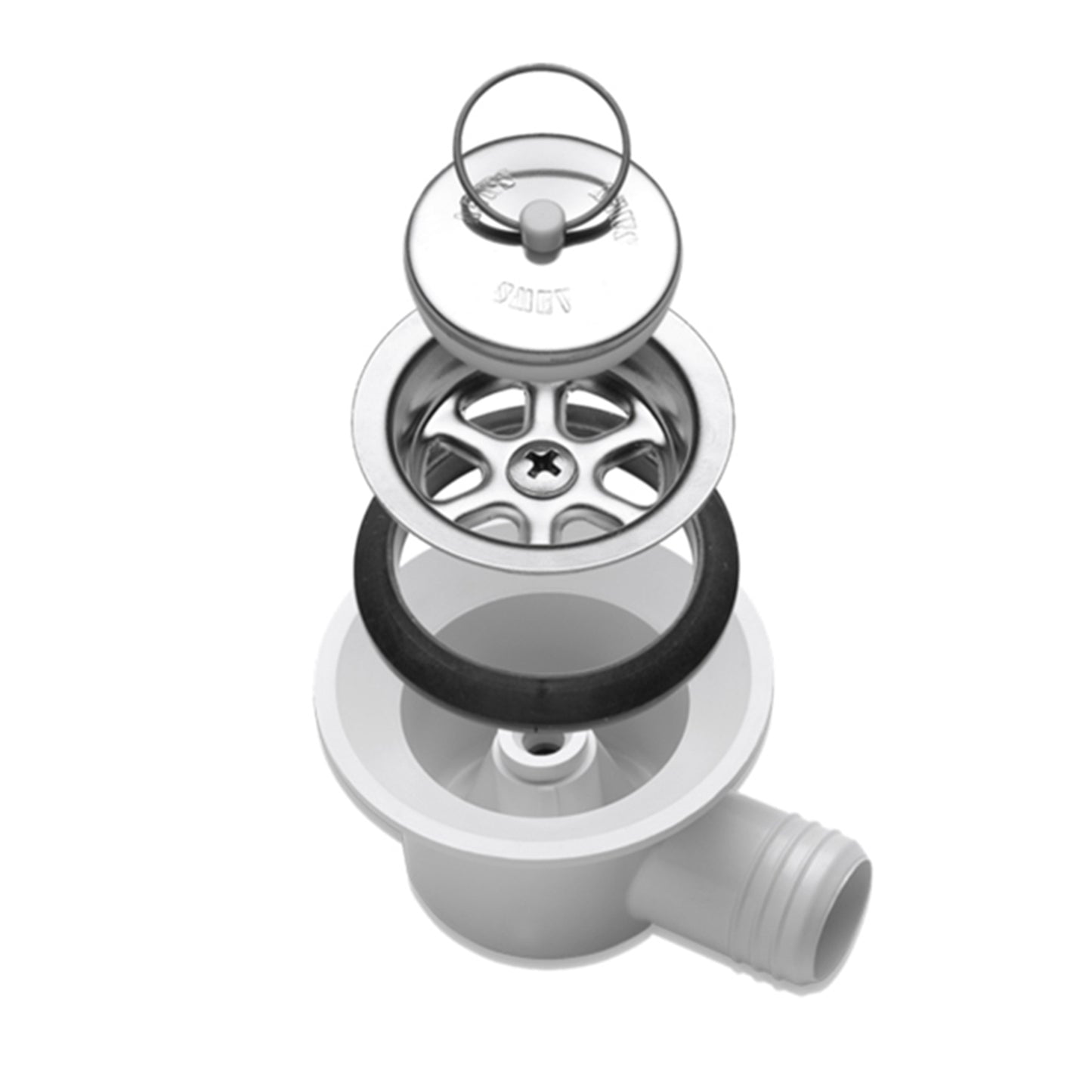 A Dometic angled sink waste with metal and black components, designed for preventing odors from rising from the waste pipe.