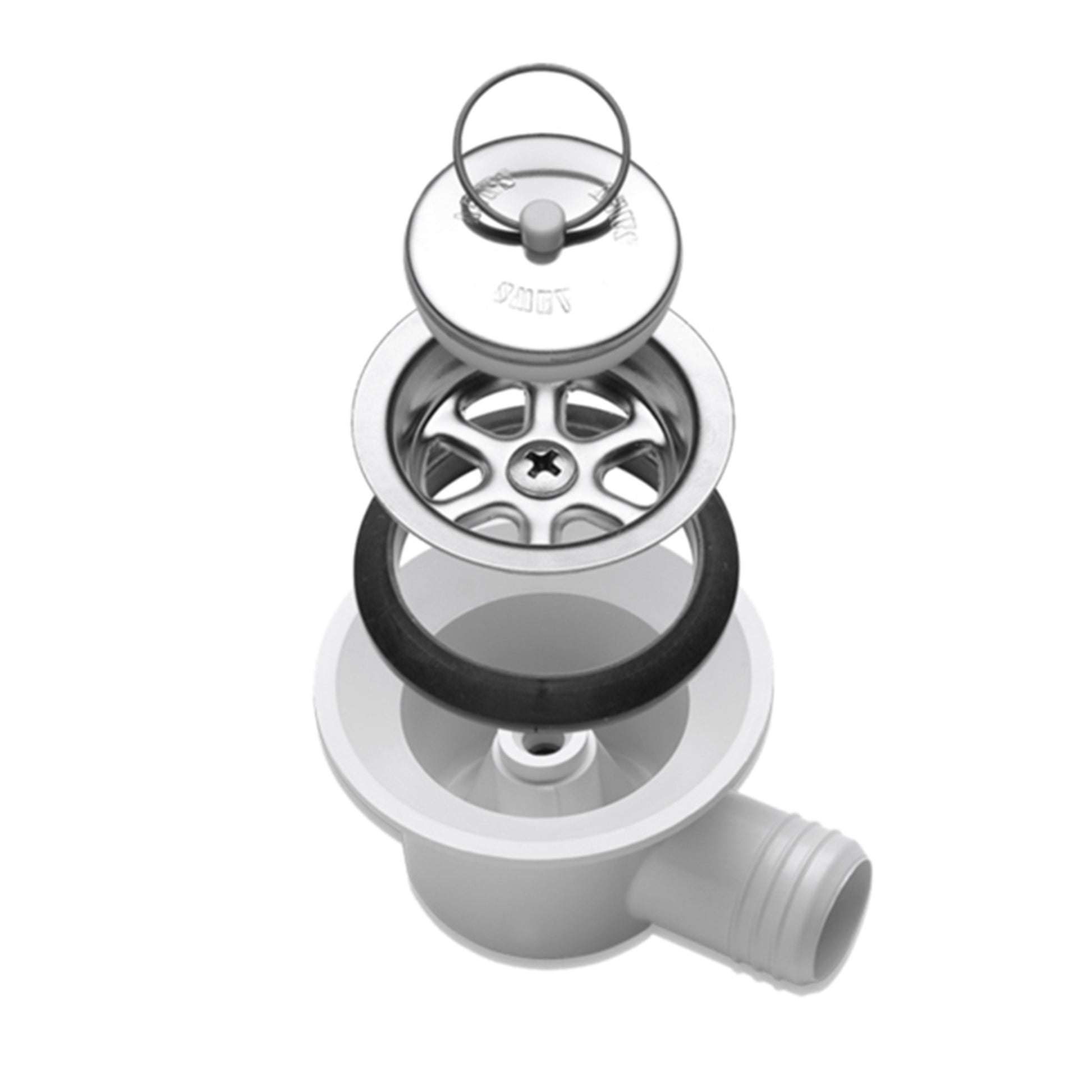 A Dometic angled sink waste with metal and black components, designed for preventing odors from rising from the waste pipe.