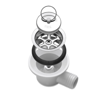 A Dometic angled sink waste with metal and black components, designed for preventing odors from rising from the waste pipe.