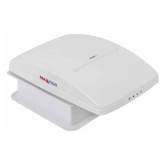 A white Maxxfan Deluxe RV ventilation system with a rain dome and remote control, showing the unit from a slightly elevated angle against a plain background.