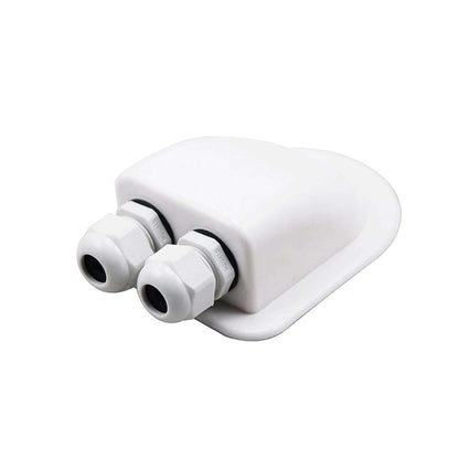 White solar double entry roof gland for campervan conversions — UV-stabilised ABS, fits 6–12mm cables