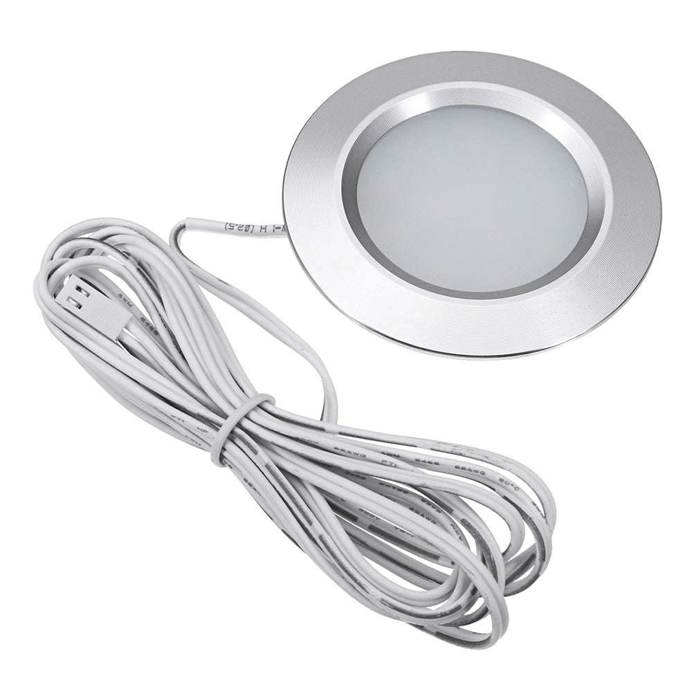 LED recessed downlight with a silver bezel and glass fog lens, including a connected power cable.