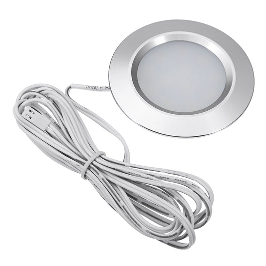LED recessed downlight with a silver bezel and glass fog lens, including a connected power cable.